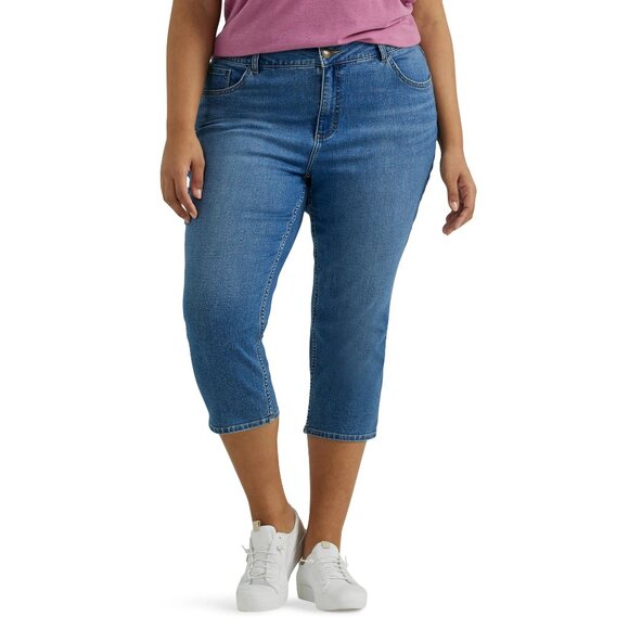 Lee Midrise Capri Regular Fit Stretch Denim Women's Plus Sz 24W Blue Medium Wash - Picture 1 of 10